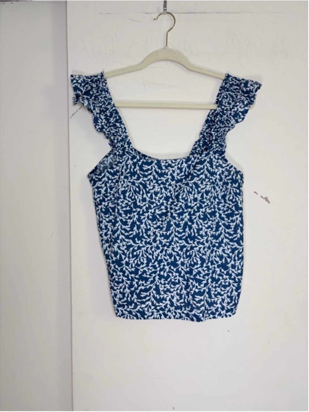 NWT J. Crew Smocked Ruffle-Shoulder Tank Top in Seaport Blue/White - Size S